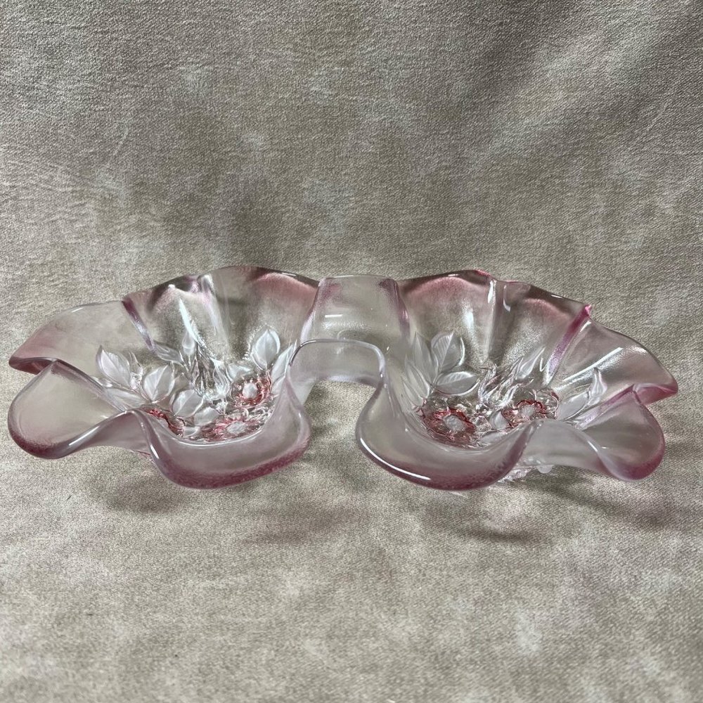 Mikasa Crystal Rosella Relish Dish Candy Bowl Embossed Pink Frosted Flowers